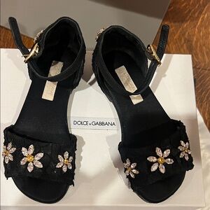 Dolce & Gabbana Black Floral Crystal Ankle-Strap Sandals with Gold Accents